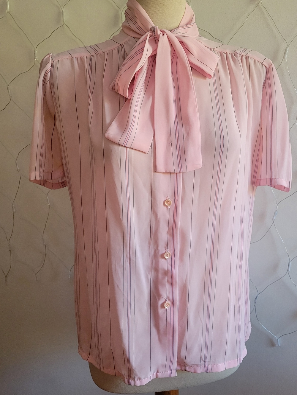 Vintage PussyBow Tie Striped Cotton Candy Pink Blouse • Size 12